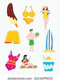 Summer beach fun illustration featuring people in swimwear, enjoying ice cream, sunshine, and seaside vibes