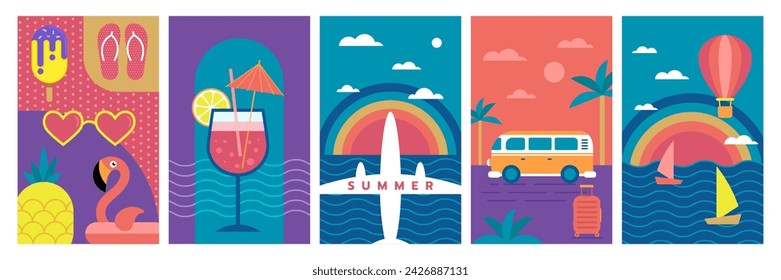 Summer beach fun poster. Holiday party. Abstract pattern. Vacation at sea. Tropical event. Cocktail and exotic fruits. Summertime travel tour. Auto van trip. Geometric design frame. Vector banners set