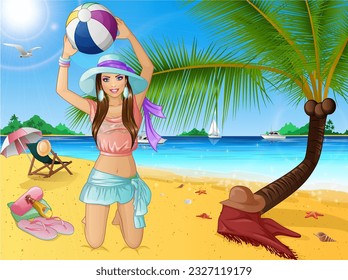 Summer Beach Fun Scene with Cute Cartoon Female Character. Vector Illustration