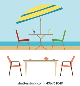 Summer Beach Furniture Flat Vector Set Illustration Umbrella Chair Table Juice Teapot