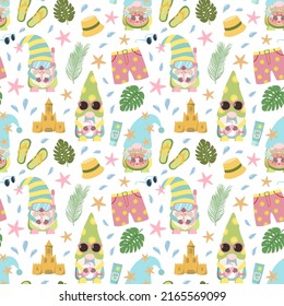 Summer beach gnomes seamless pattern with summer clothes, sunscreen, sea stars, and tropical leaves. Cartoon vector illustration. Isolated on white background.