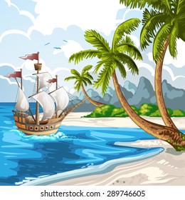 Summer beach with going ship
