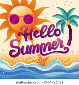 Summer Beach Gradient Illustration with Hello Summer Typography Design