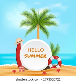 Summer beach graphic design illustration with hat, board and buoy elements