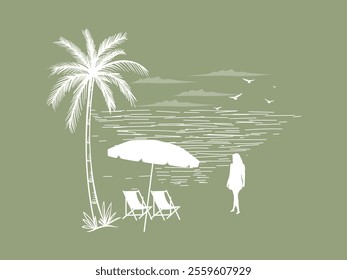 Summer beach graphic tee calm palm tree and umbrella view