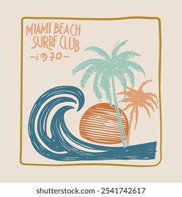 summer beach graphic. tropical print design. sunset under the palm tree. summer t shirt design. Hand drawn Vintage Illustration With Navy Text, Wave, Sun, Palm Trees