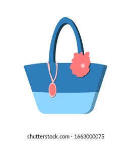 Summer beach hand bag with leather and rope handles in flat style isolated on white background. Minimal flat vector illustration for print or web. Luggage, cases and backpacks. Striped style.