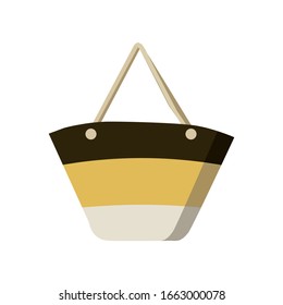 Summer beach hand bag with leather and rope handles in flat style isolated on white background. Minimal flat vector illustration for print or web. Luggage, cases and backpacks. Striped style.