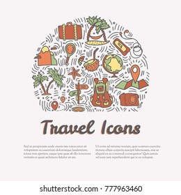 Summer and beach hand draw icon concept. Travel summer icons collection in round form with cartoon decorative elements. Coconut, surfing boat, sand, ice cream elements. Happy summer vacation icon