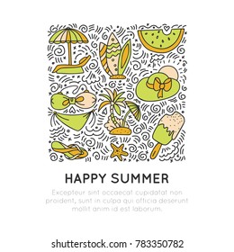 Summer and beach hand draw icon concept. Travel summer icons collection in square form with cartoon decorative elements. Coconut, surfing boat, sand, ice cream elements. Happy summer vacation icon