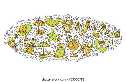 Summer and beach hand draw icon concept. Travel summer icons collection in ellipce form with cartoon decorative elements. Coconut, surfing boat, sand, ice cream elements. Happy summer vacation icon