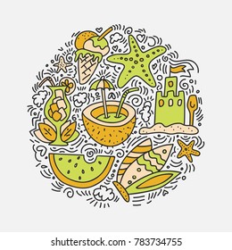 Summer and beach hand draw icon concept. Travel summer icons collection in round form with cartoon decorative elements. Coconut, surfing boat, sand, ice cream elements. Happy summer vacation icon