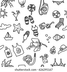 Summer beach hand drawing doodle minimal cartoon vector set isolated on white background seamless 
