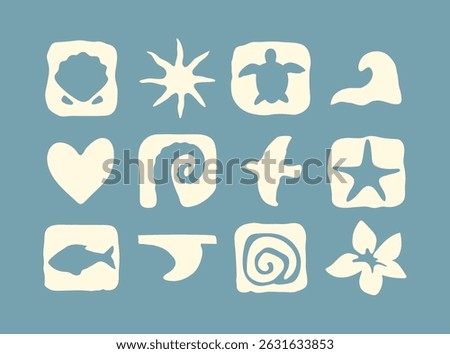 Summer beach hand drawn abstract icon set. Naive groovy tropical symbols: turtle, sun, wave, octopus, flower. Nature elements. Isolated retro Surf Club illustrations on blue background.