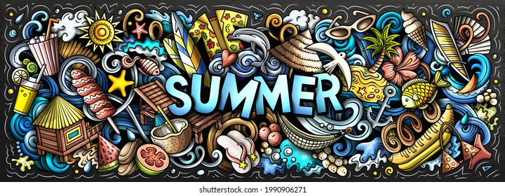 Summer beach hand drawn cartoon doodle illustration. Funny seasonal design. Creative art vector background. Handwritten text with summertime elements and objects. Colorful chalkboard composition