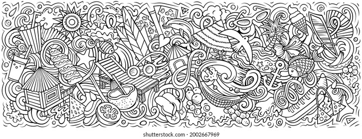 Summer beach hand drawn cartoon doodles illustration. Summertime funny objects and elements poster design. Creative background. Sketchy vector banner