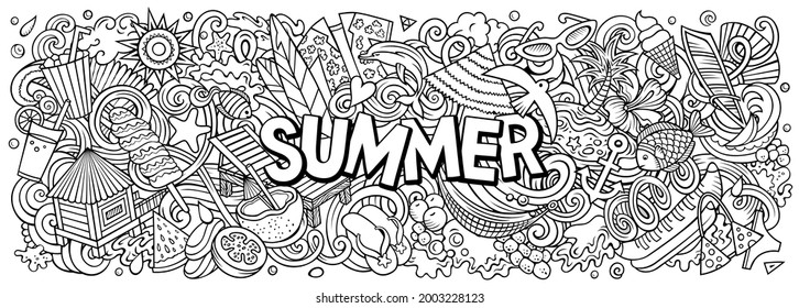 Summer beach hand drawn cartoon doodle illustration. Funny seasonal design. Creative art vector background. Handwritten text with summertime elements and objects. Sketchy composition