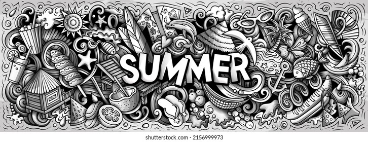 Summer beach hand drawn cartoon doodle illustration. Funny seasonal design. Creative art vector background. Handwritten text with summertime elements and objects.