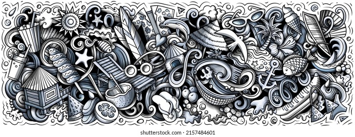 Summer beach hand drawn cartoon doodles illustration. Summertime funny objects and elements poster design. Creative background. Monochrome vector banner