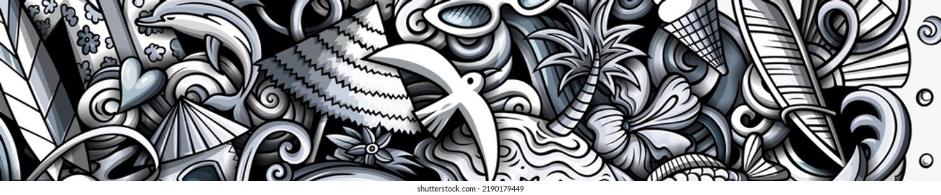 Sommer Strand handgezeichnet Cartoon doodles Illustration. Sommerliche lustige Objekte und Elemente Banner Design. Kreativer einfarbiger Vektorhintergrund.