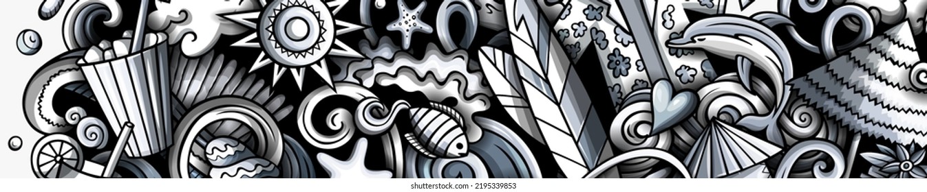 Dibujo a mano de dibujos animados de la playa de verano, ilustración de doodles. Diseño de banners de objetos y elementos divertidos en verano. Fondo vectorial monocromo creativo.