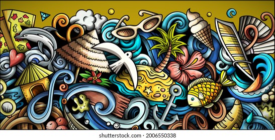 Summer beach hand drawn doodle banner. Cartoon vector detailed flyer. Illustration with summertime objects and symbols. Colorful horizontal background
