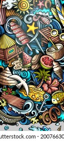 Summer beach hand drawn doodle banner. Cartoon vector detailed flyer. Illustration with summertime objects and symbols. Colorful vertical background
