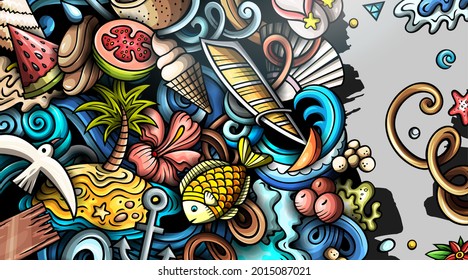 Summer beach hand drawn doodle banner. Cartoon vector detailed flyer. Illustration with summertime objects and symbols. Colorful horizontal background