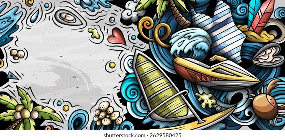 Summer beach hand drawn doodle banner. Cartoon vector detailed flyer. Illustration with summertime objects and symbols. Colorful background