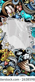Summer beach hand drawn doodle banner. Cartoon vector detailed flyer. Illustration with summertime objects and symbols. Colorful background
