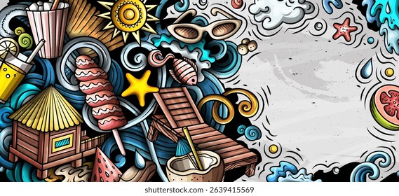 Summer beach hand drawn doodle banner. Cartoon vector detailed flyer. Illustration with summertime objects and symbols. Colorful background