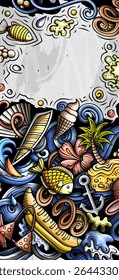 Summer beach hand drawn doodle banner. Cartoon vector detailed flyer. Illustration with summertime objects and symbols. Colorful background. Not AI