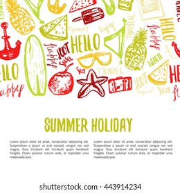 Summer beach hand drawn doodle vector symbols and objects with lettering.