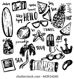 Summer beach hand drawn doodle vector symbols and objects with lettering.