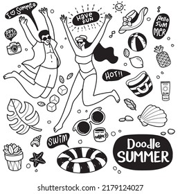 Summer beach hand drawn funny people and objects ,Each on a separate layer.