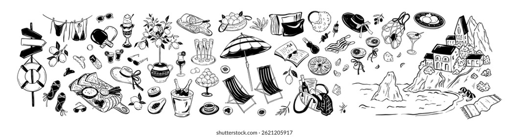 Summer beach hand drawn icon set. Italian sea vacation doodle sketch drawing. Coastal print. Potted lemon tree, picnic food, champagne, martini, girly essentials. Amalfi coast vintage landscape