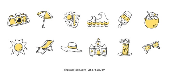 Colección de iconos dibujados a mano de verano y playa. Conjunto 1 de 3. Ilustración vectorial.