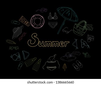 Summer beach hand drawn line art objects. Color summer icons pack. Holidays summer sea collection. Closeup.