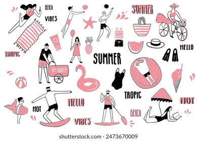 Playa de verano. Conjunto dibujado a mano de iconos simples con Elementos de verano. Iconos de colección con una línea. Actividad de la gente en la playa. Ilustración vectorial línea de arte estilo doodle aislado 