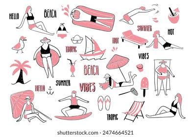 Sommerstrand. Handgezeichnetes Set von einfachen Icons mit sommerlichen Elementen. Kollektion-Icons mit einer Zeile. Aktivität der Menschen am Strand. Vektorillustration Line Art Doodle Style isoliert 