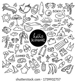 Summer Beach Hand Drawn Symbols And Objects Isolated On White Background. Vector Doodle Illustration Hello Summer. Design For Coloring Booking Page, Card, Logo, Banner, Tattoo