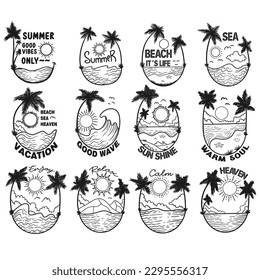 Summer beach hand drawn T shirt designs set for your company or brand