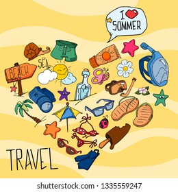 Summer beach hand drawn vector symbols and objects 