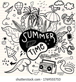 Summer beach hand drawn vector funny people and objects