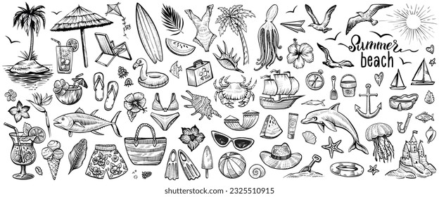 Summer beach, hand drawn vector collection. Set of summertime sketches of sea objects and animals like a surfboard, bikini, shells, dolphin, palm, ice cream etc.