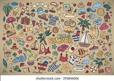 Summer beach hand drawn vector symbols and objects