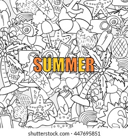 Summer beach hand drawn vector symbols and objects background, drawing by hand vector