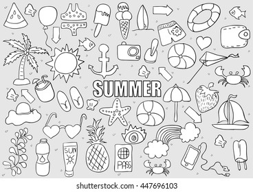 Summer beach hand drawn vector symbols and objects, drawing by hand vector