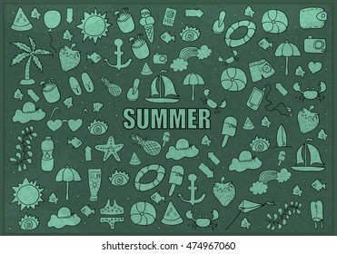 Summer beach hand drawn vector symbols and objects, drawing by hand vector