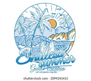 Summer beach hand sketch print design for t shirt print, poster, sticker, background and other uses. Summer paradise vintage print artwork.